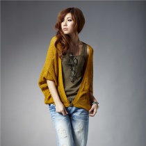 春秋韩版女装短款蝙蝠袖黄色外搭针织衫